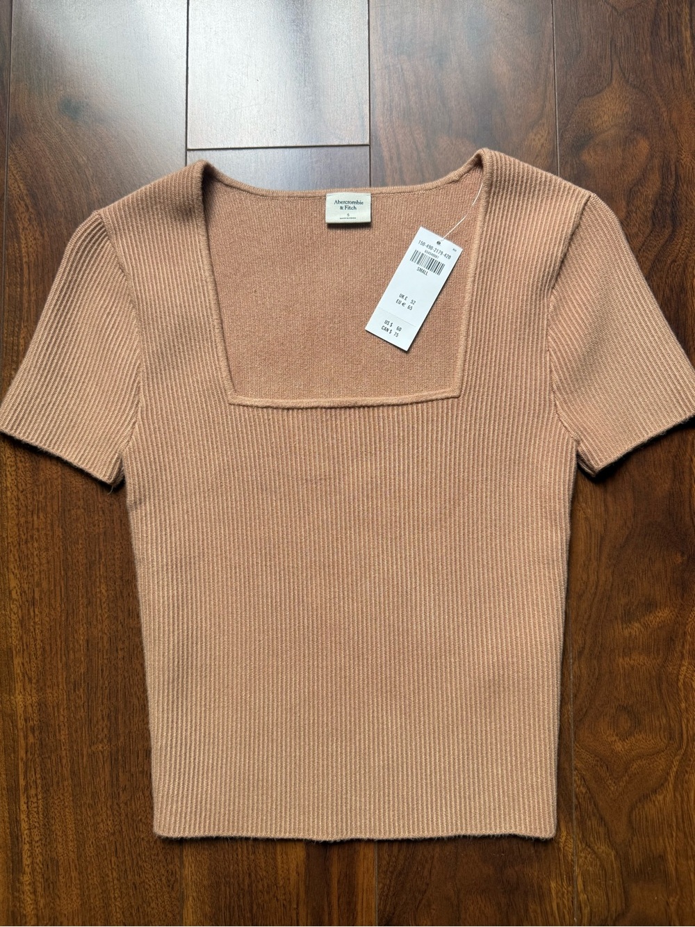 🆕 Abercrombie & Fitch Square Neck Short Sleeve Ribbed Tan Crop Top / NWT / XS